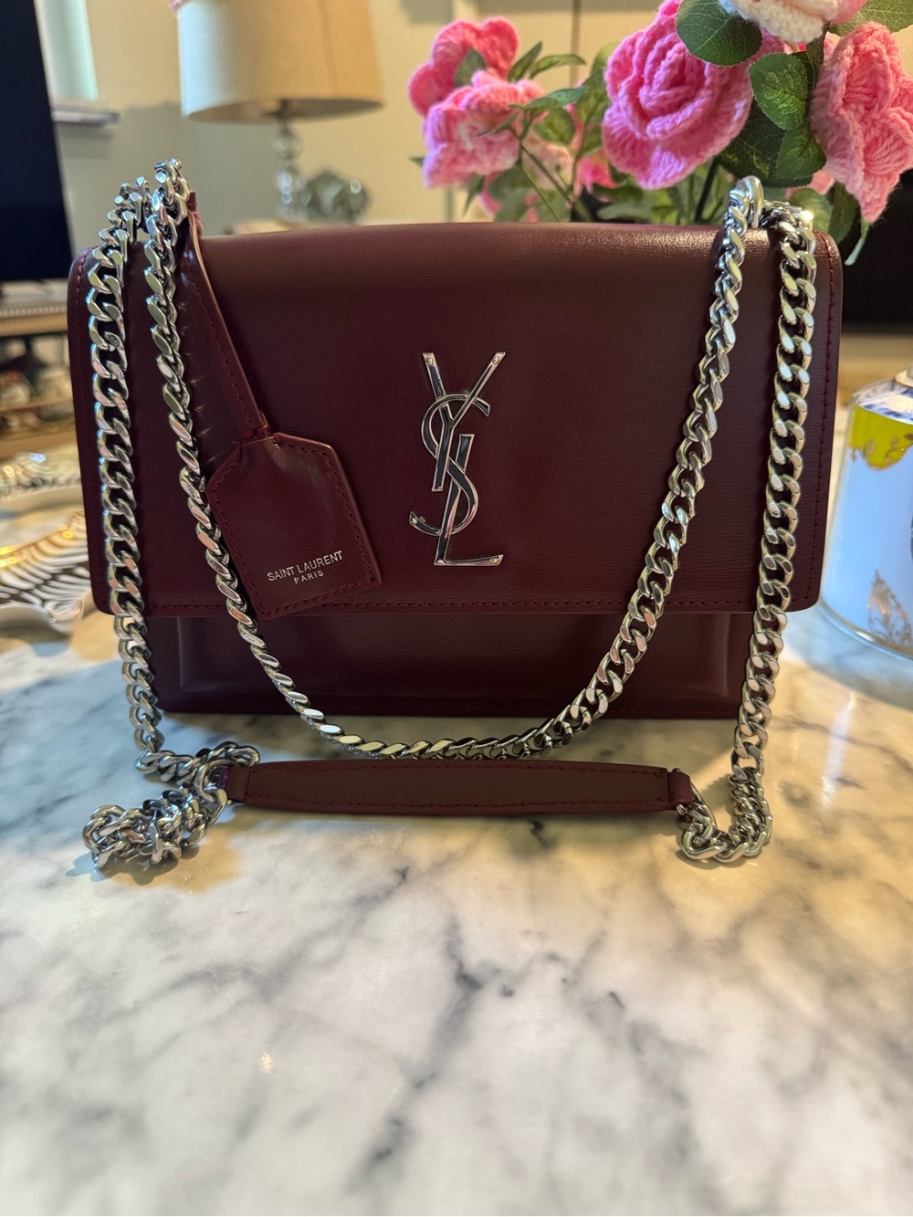 Saint Laurent Burgundy Leather Sunset Small Chain Shoulder/Crossbody Bag